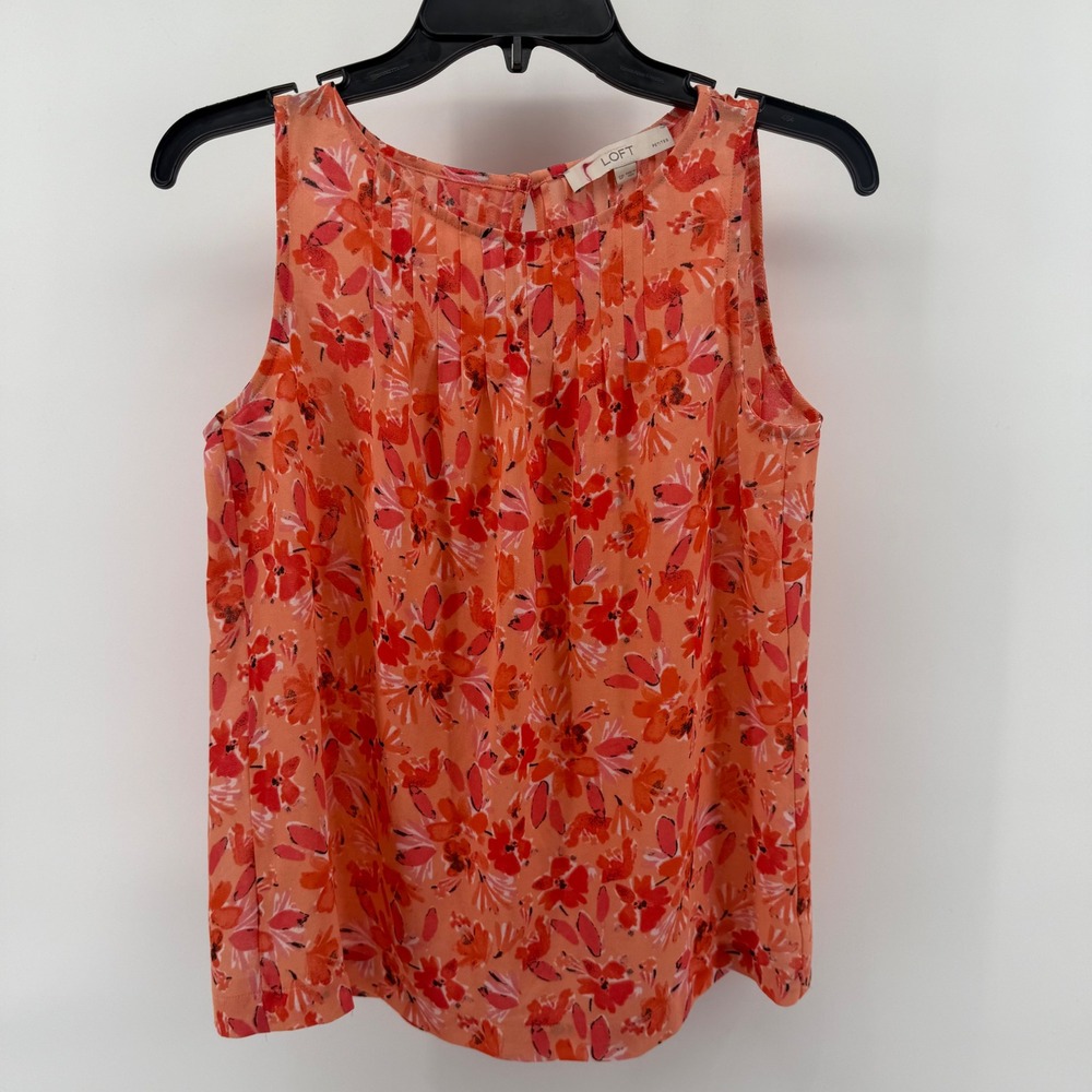 LOFT Petites Floral Tank Top Sleeveless‎ Pleated Peach Red Summer Blouse SP